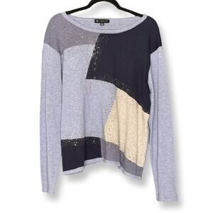 Vintage N Touch Rhinestone Studded Scoop Neck Color Block Knit Sweater